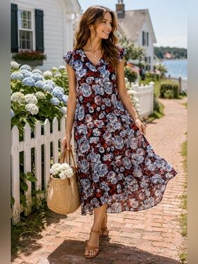 Joe Fresh Blue Red Floral Midi Dress Cottagecore Flutter Sleeve Vacation S